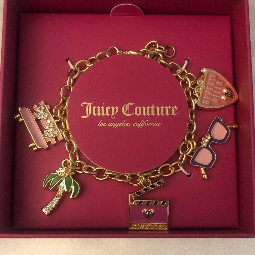 Juicy Couture Gold Tone LA Charm Bracelet With 5 Charms Crystal Accents NIB